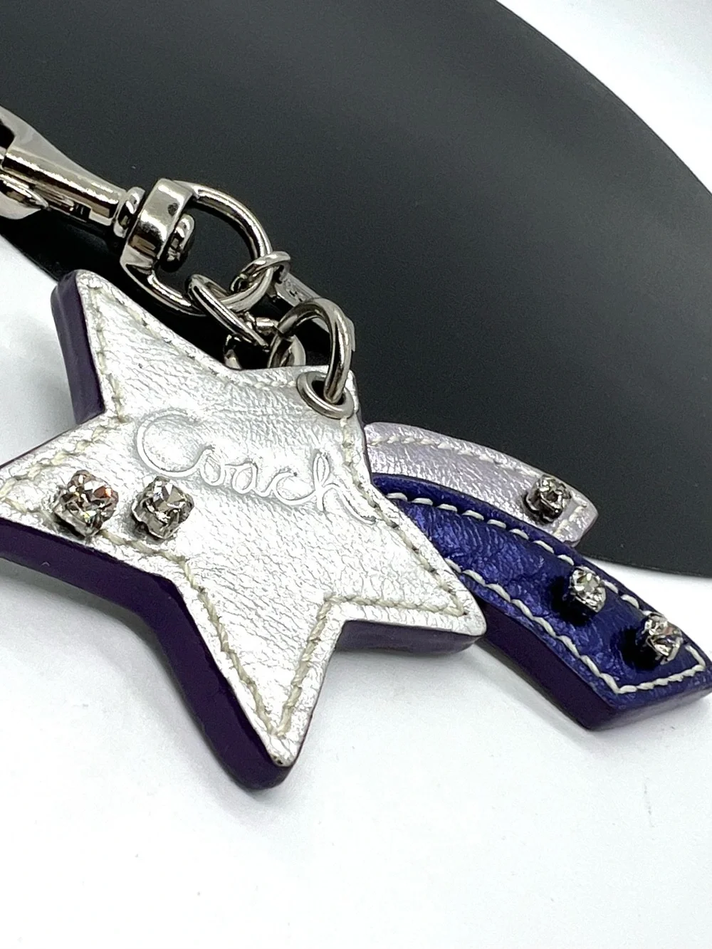 Authentic Coach Shooting Star Metallic Leather Rhinestone Bag Charm Keychain